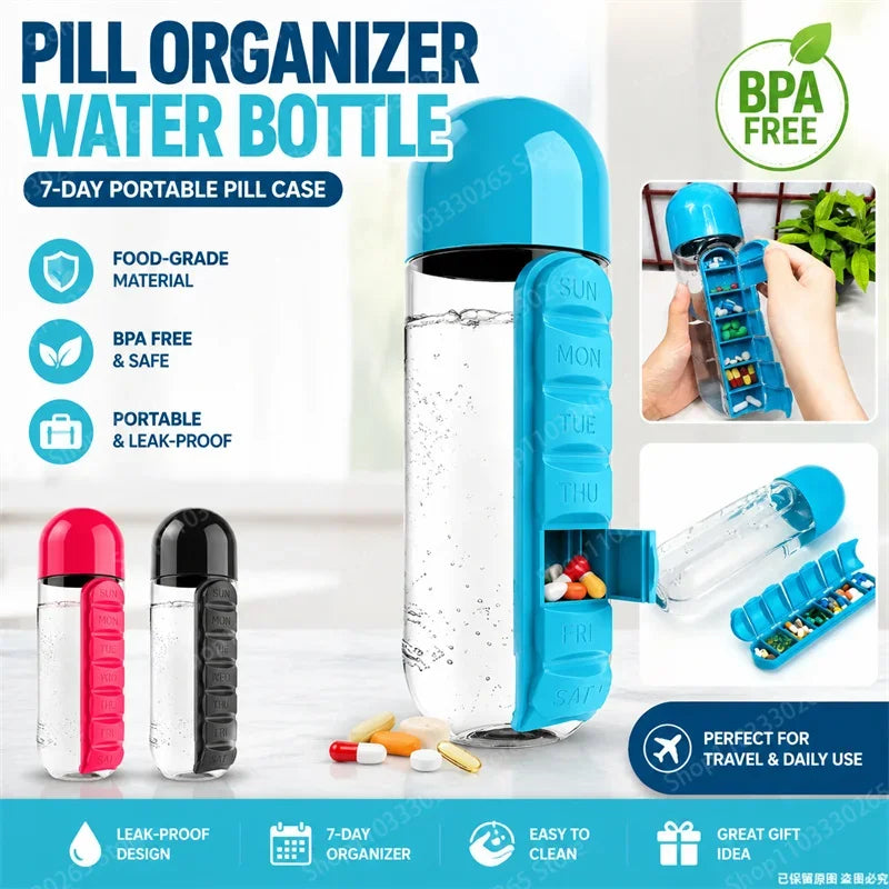 All-in-One Water Bottle Pill Dispenser – 7-Compartment Weekly Organizer