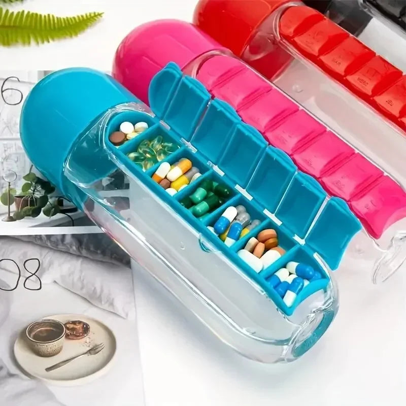 All-in-One Water Bottle Pill Dispenser – 7-Compartment Weekly Organizer
